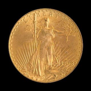 A United States 1908-D Saint-Gaudens: No Motto $20 Gold Coin