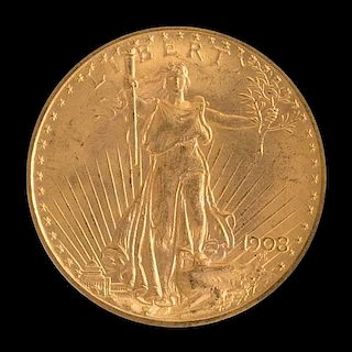 A United States 1908 Saint-Gaudens: No Motto $20 Gold Coin