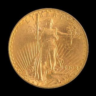 A United States 1908-D Saint-Gaudens: No Motto $20 Gold Coin