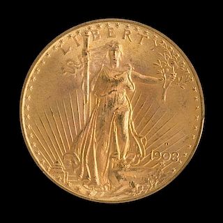 A United States 1908-D Saint-Gaudens: Motto $20 Gold Coin