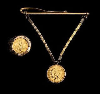 Two United States Jewelry-Mounted Gold Coins
