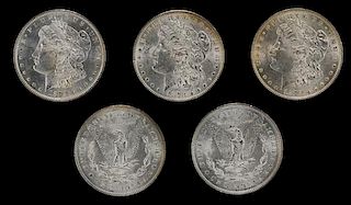 A Group of Five United States 1878 Morgan Silver Dollar Coins