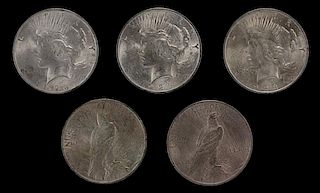 A Group of Five United States 1923 Peace Silver Dollar Coins