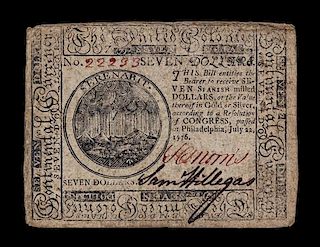 An American Continental Congress 7/22/1776 Seven-Dollar Note