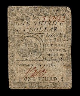 An American Continental Congress 2/17/1776 One-Third of a Dollar Note
