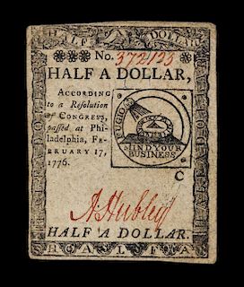 An American Continental Congress 2/17/1776 Half-Dollar Note