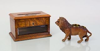 ENGLISH OAK LETTER BOX AND AN AUSTRIAN COLD-PAINTED BRONZE FIGURE OF A LION