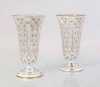PAIR OF CONTINENTAL PAINTED AND CASED GLASS VASES