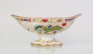 ENGLISH PORCELAIN NAVETTE-FORM TAZZA DECORATED WITH DRAGONS