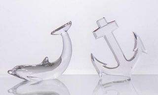 BACCARAT GLASS DOLPHIN-FORM PAPERWEIGHT AND A BACCARAT GLASS ANCHOR-FORM PAPERWEIGHT