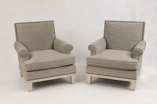 PAIR OF PAINTED AND UPHOLSTERED ARMCHAIRS, MODERN