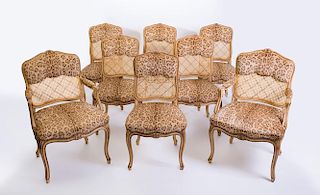 SET OF EIGHT LOUIS XV STYLE PAINTED AND CANED DINING CHAIRS