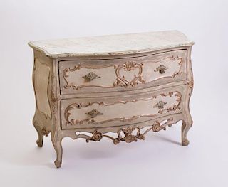 NORTHERN ITALIAN ROCOCO STYLE CARVED, PAINTED AND SILVERED-WOOD COMMODE
