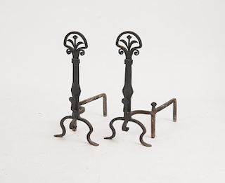 PAIR OF ARTS AND CRAFTS STYLE CAST-IRON ANDIRONS