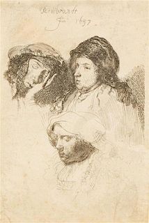 Rembrandt van Rijn, (Dutch, 1606-1669), Three Heads of Women, one asleep, 1637