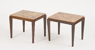 PAIR OF FRENCH MAHOGENY AND FRUITWOOD MARQUETRY SIDE TABLES