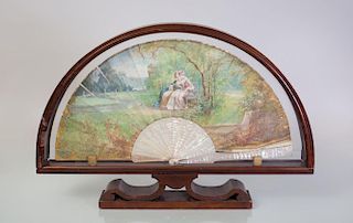 VICTORIAN PAINTED PAPER AND MOTHER-OF-PEARL FAN, IN A SHADOWBOX FRAME
