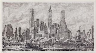 Reginald Marsh, (American, 1898-1954), Skyline from Pier 10 Brooklyn, 1931