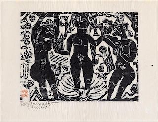 Shiko Munakata, (Japanese, 1903-1975), Untitled (Three Goddesses), 1959