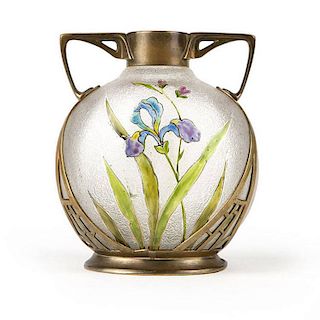A German Art Nouveau cast brass-mounted art glass vase, Carl Deffner