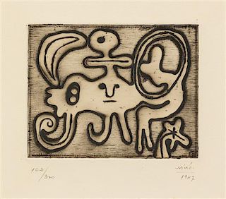 Joan Mir-, (Spanish, 1893-1983), Femme et Oiseau devant la Lune (from Laurels Number One), 1947