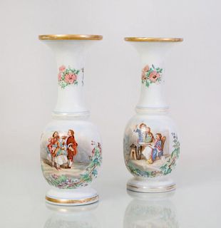 PAIR OF FRENCH PAINTED WHITE OPALINE GLASS VASES