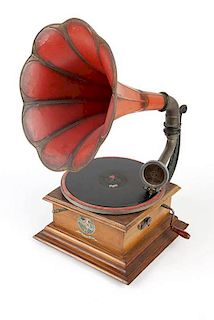 A Pathe disk phonograph with horn