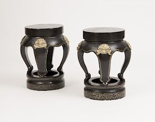 PAIR OF CHINESE BRASS-MOUNTED GILT-DECORATED LACQUER STOOLS