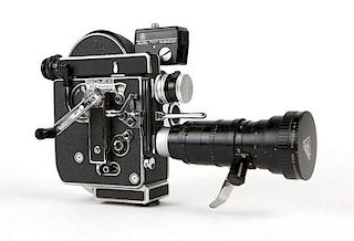 A Bolex H-16 Reflex REX-4 16mm motion picture film camera, zoom lens and accessories