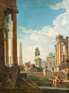 * Manner of Giovanni Paolo Panini, (Italian, 1691-1765), Classical Ruins with Statue of Marcus Aurelius