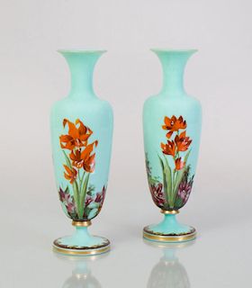 PAIR OF FRENCH PAINTED GREEN OPALINE GLASS VASES