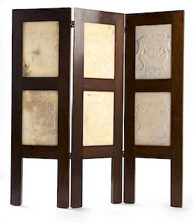 A Mexican three-panel folding screen with inset carved alabaster panels