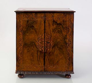 VICTORIAN ROSEWOOD AND FRUITWOOD MARQUETRY SMALL COLLECTOR'S CABINET