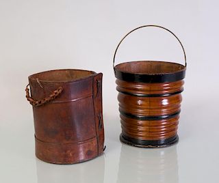 REGENCY FRUITWOOD AND EBONIZED PEAT BUCKET AND A LEATHER SHELL BUCKET