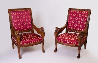 PAIR OF EMPIRE STYLE CARVED MAHOGANY CHAIRS, 20TH CENTURY