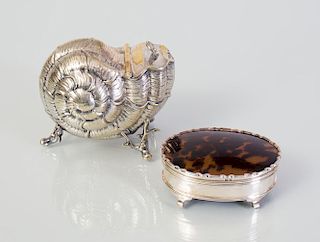 ENGLISH SILVER AND FAUX TORTOISE BOX WITH HINGED COVER, AND A NAUTILUS-FORM SILVER PLATE SPOON WARMER