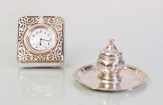 DANISH SILVER INKWELL AND BIGELOW KENNARD & CO. STERLING SILVER-MOUNTED POCKET WATCH CASE