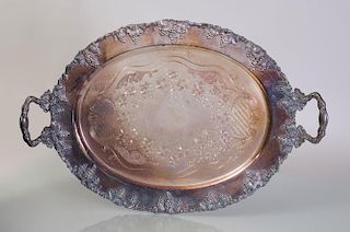 SILVER PLATE TWO-HANDLED TRAY DECORATED WITH GRAPE VINES