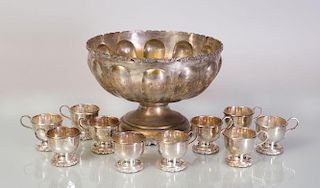 SILVER PLATE PUNCH BOWL WITH TEN CUPS