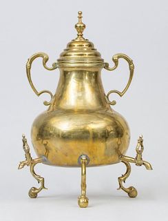 CONTINENTAL TRIPOD BRASS URN AND COVER WITH THREE SPOUTS
