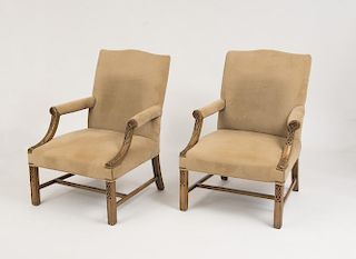 PAIR OF GEORGE III STYLE MAHOGANY LIBRARY ARM CHAIRS