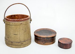 GREEN PAINTED WOOD FIRKIN AND TWO BENTWOOD BOXES