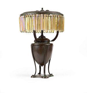 A Tiffany Studios ''Greek'' table lamp base with iridescent Favrile prism drop shade