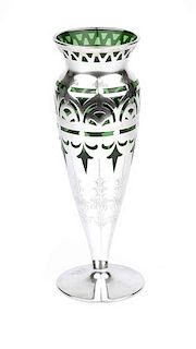 A sterling silver overlay emerald glass vase, likely Alvin