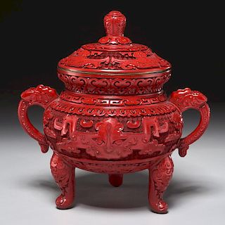 Chinese archaistic style cinnabar lidded censer
