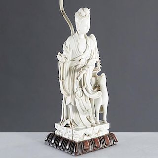 Chinese standing Guanyin and deer table lamp