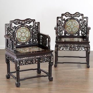 Pair Chinese Export porcelain inset armchairs
