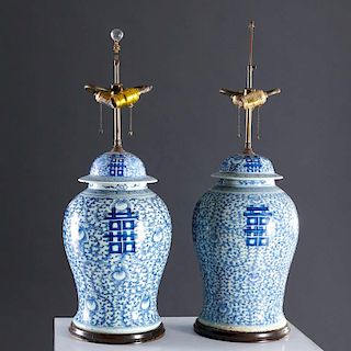 Pair large Chinese blue and white ginger jar lamps