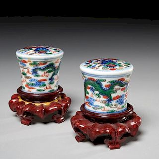 Pair Chinese wucai porcelain scroll ends