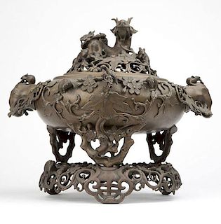 A large Chinese pierced bronze censer